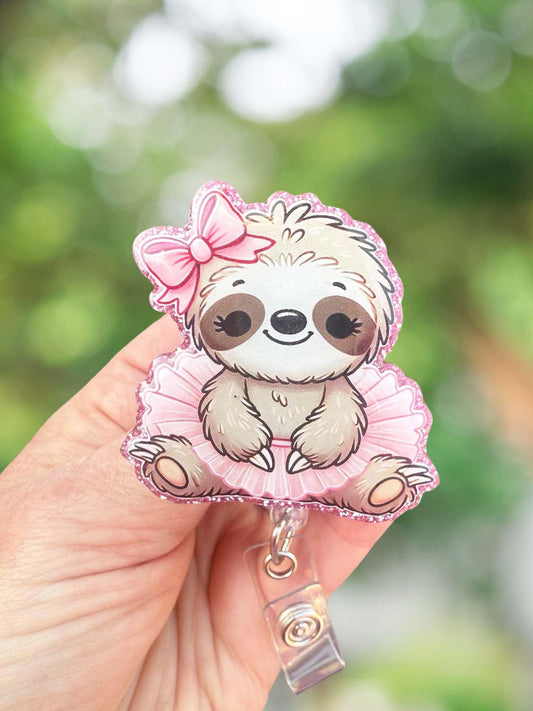 Sloth in pink tutu retractable badge reel