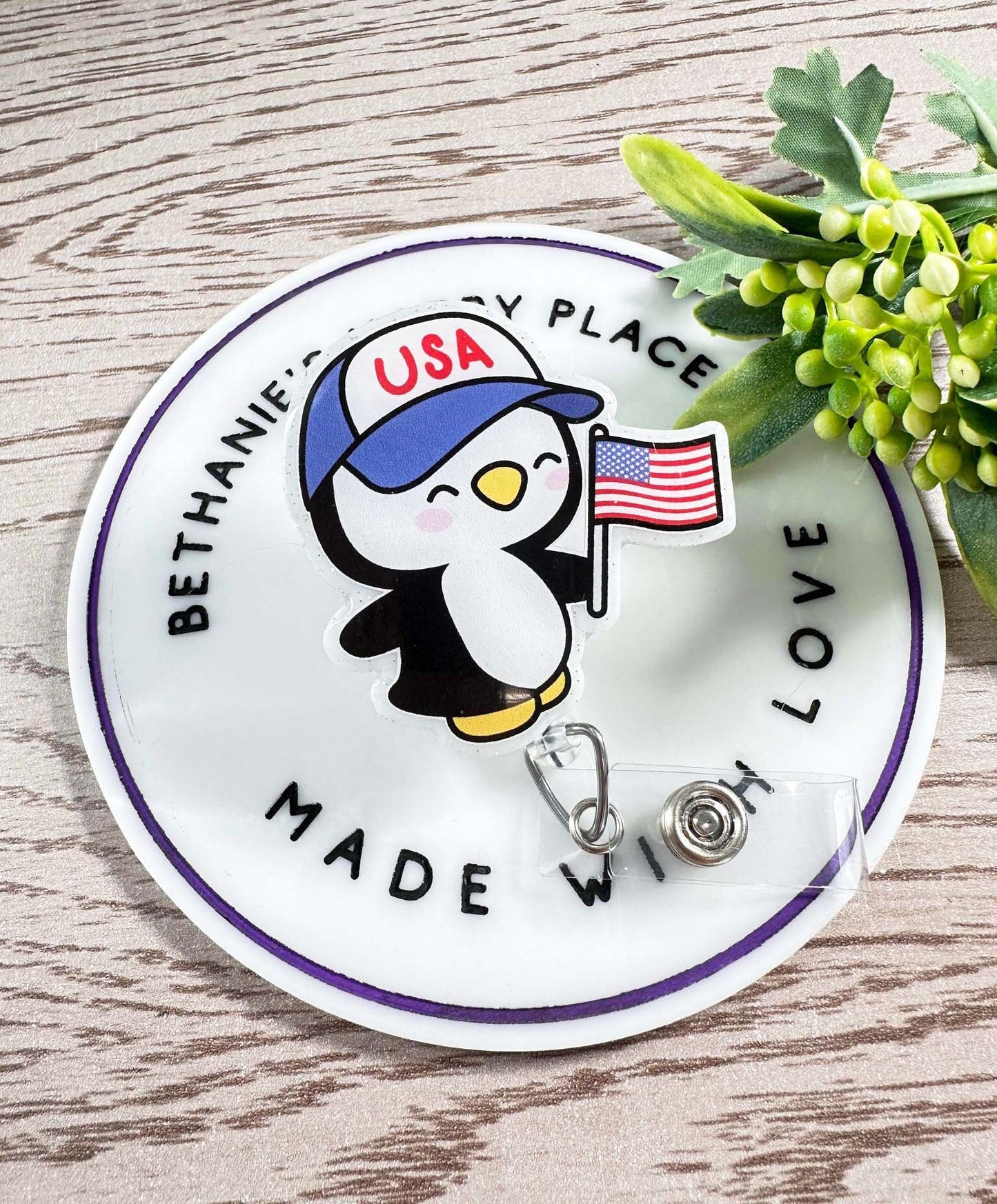 Patriotic penguin retractable badge reel