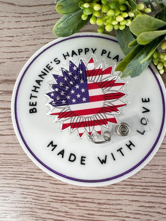 Patriotic sunflower retractable badge reel