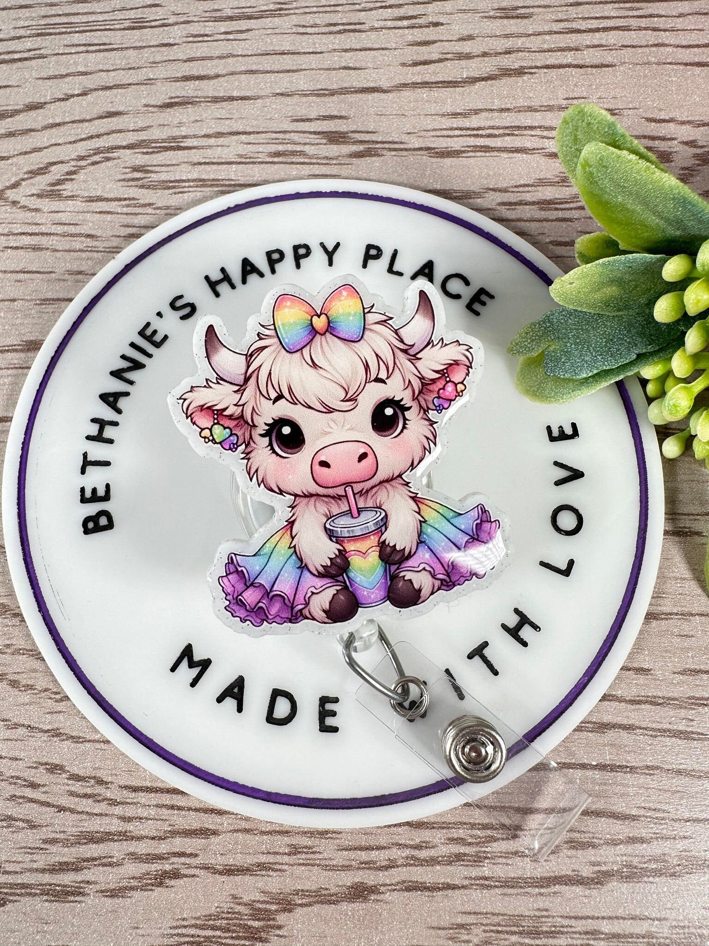 Rainbow tutu cow retractable badge reel
