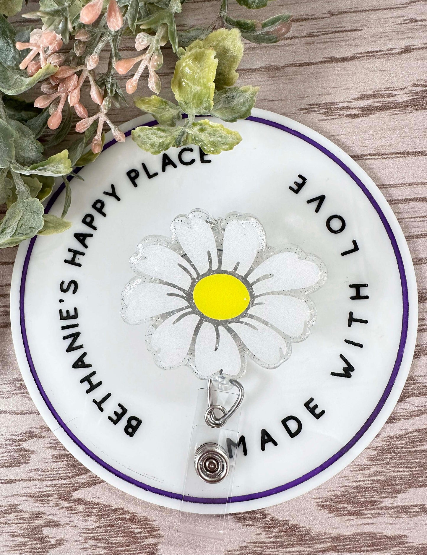 White daisy retractable badge reel