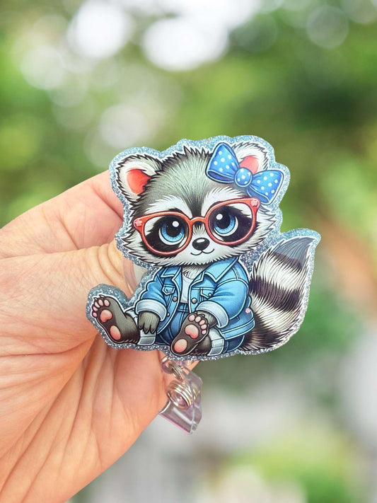 Raccoon with glasses retractable badge reel