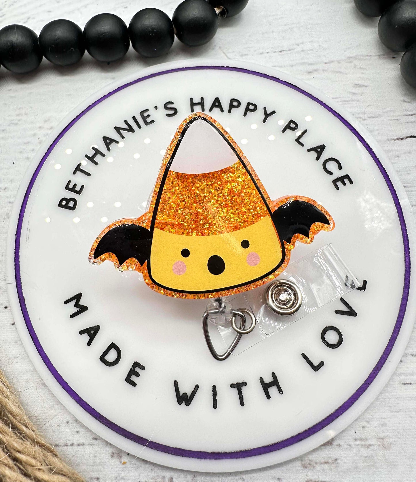Halloween candy corn bat badge reel