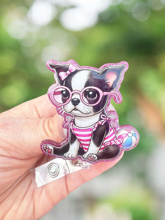 Summer Boston Terrier puppy retractable badge reel