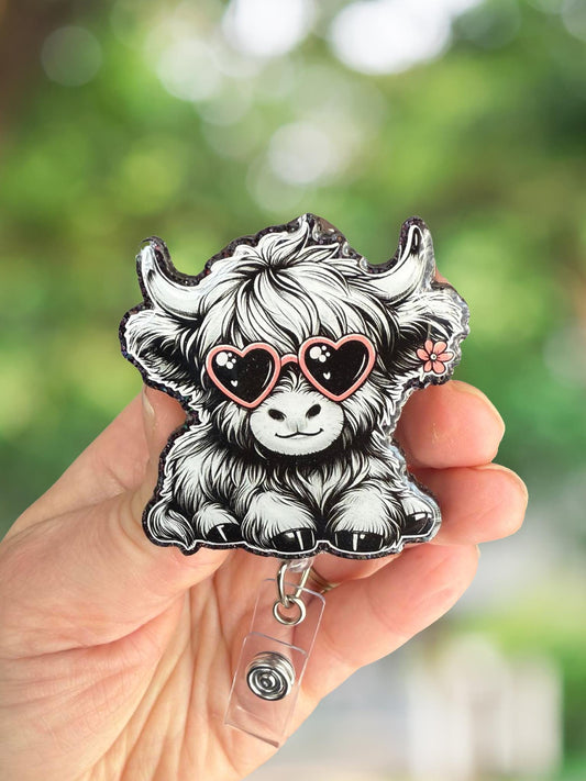 Cow with heart glasses retractable badge reel