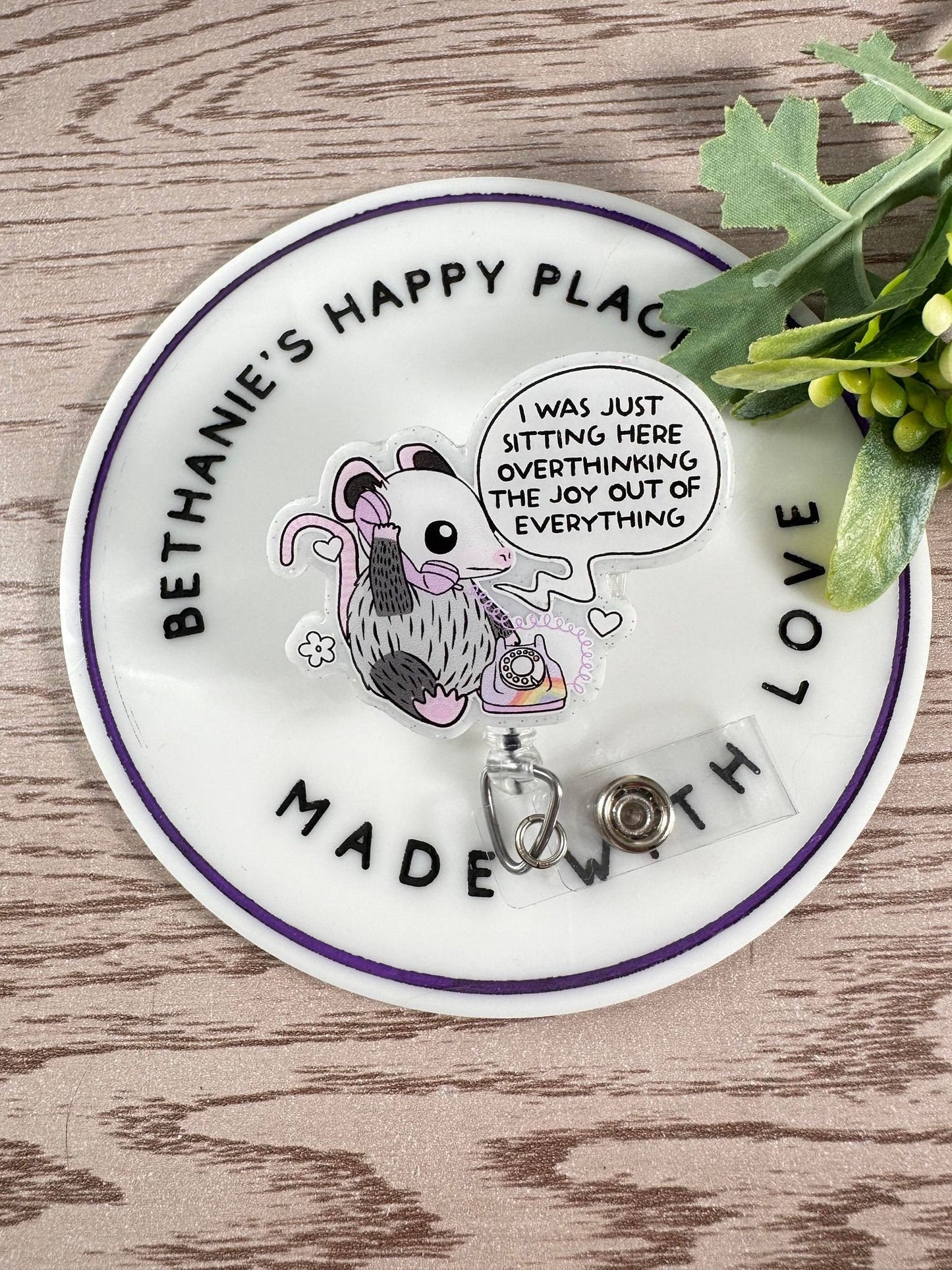 Overthinking opossum retractable badge reel