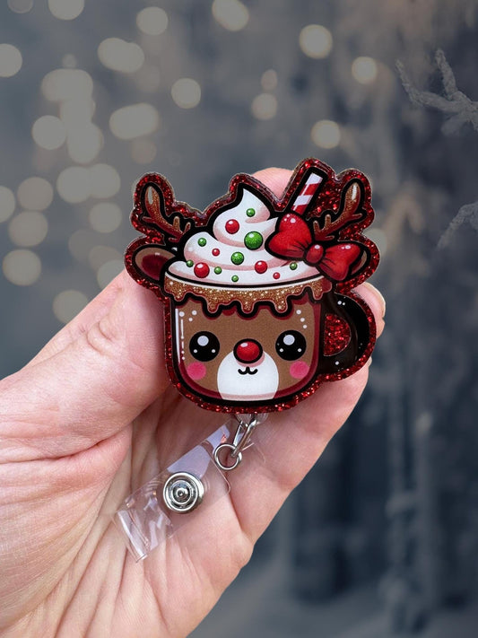 Christmas reindeer mug retractable badge reel