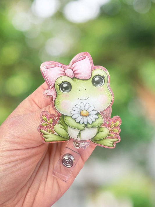 Sweet frog with daisy retractable badge reel