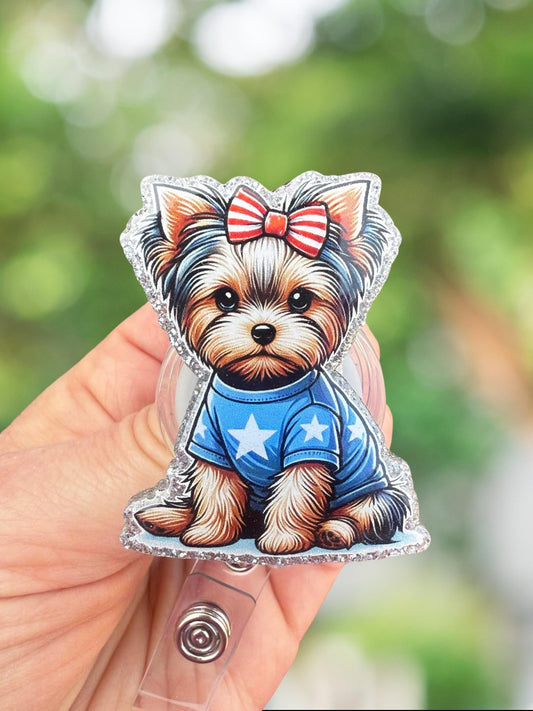 Patriotic Yorkie badge reel