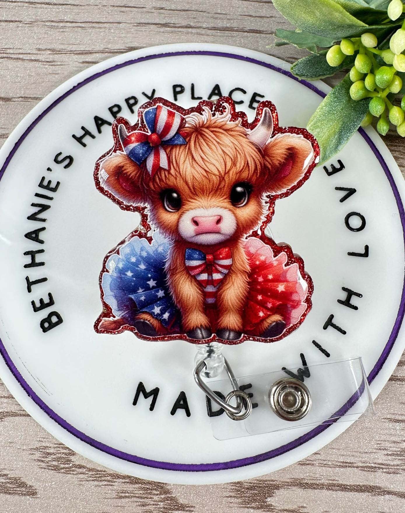 Patriotic highland cow retractable badge reel