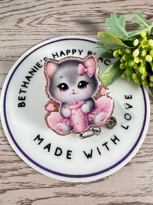 Kitty in tutu retractable badge reel