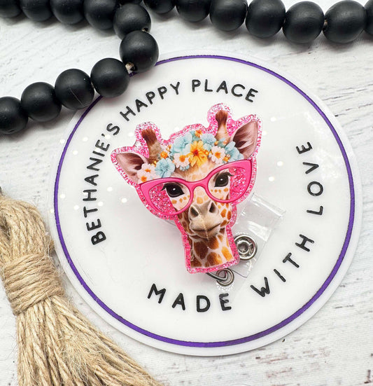 Giraffe with glasses badge reel