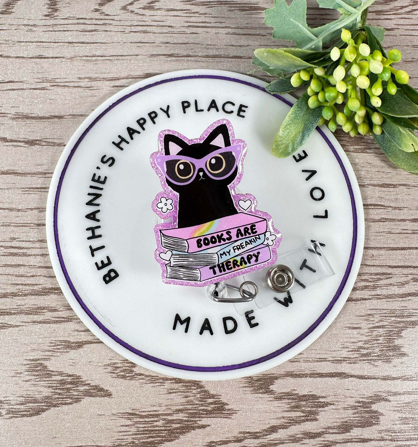 Cat with books retractable badge reel, books are my therapy, black cat badge holder, book gifts, cat gifts, teacher ID holder, teacher gifts