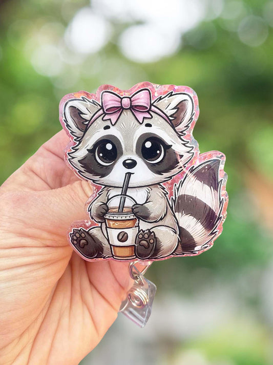 Cute raccoon drinking coffee retractable badge reel