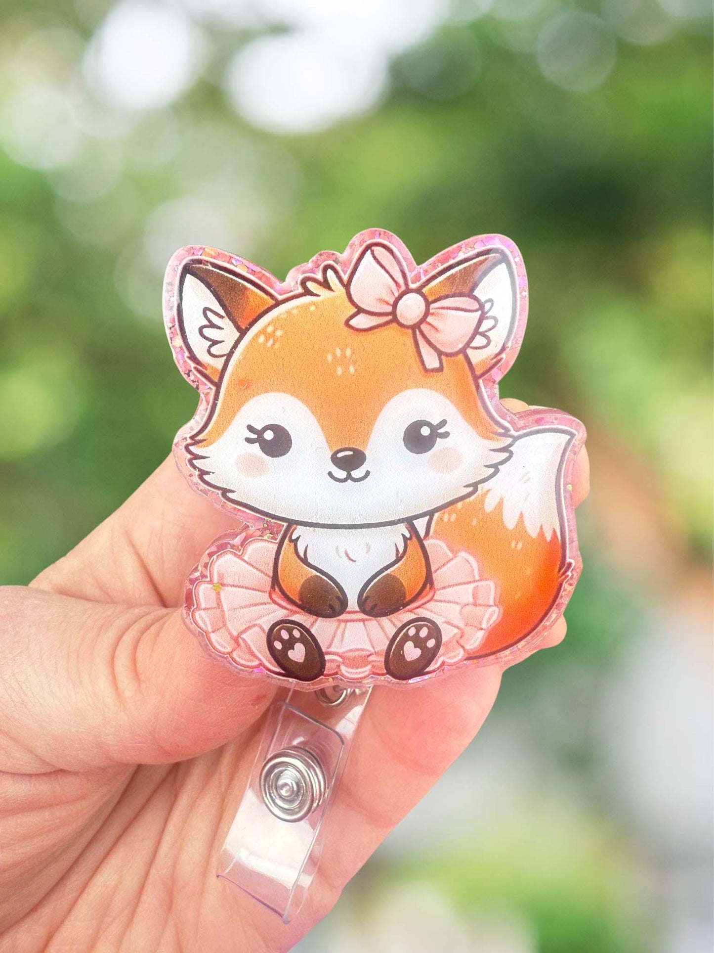 Fox in pink tutu retractable badge reel