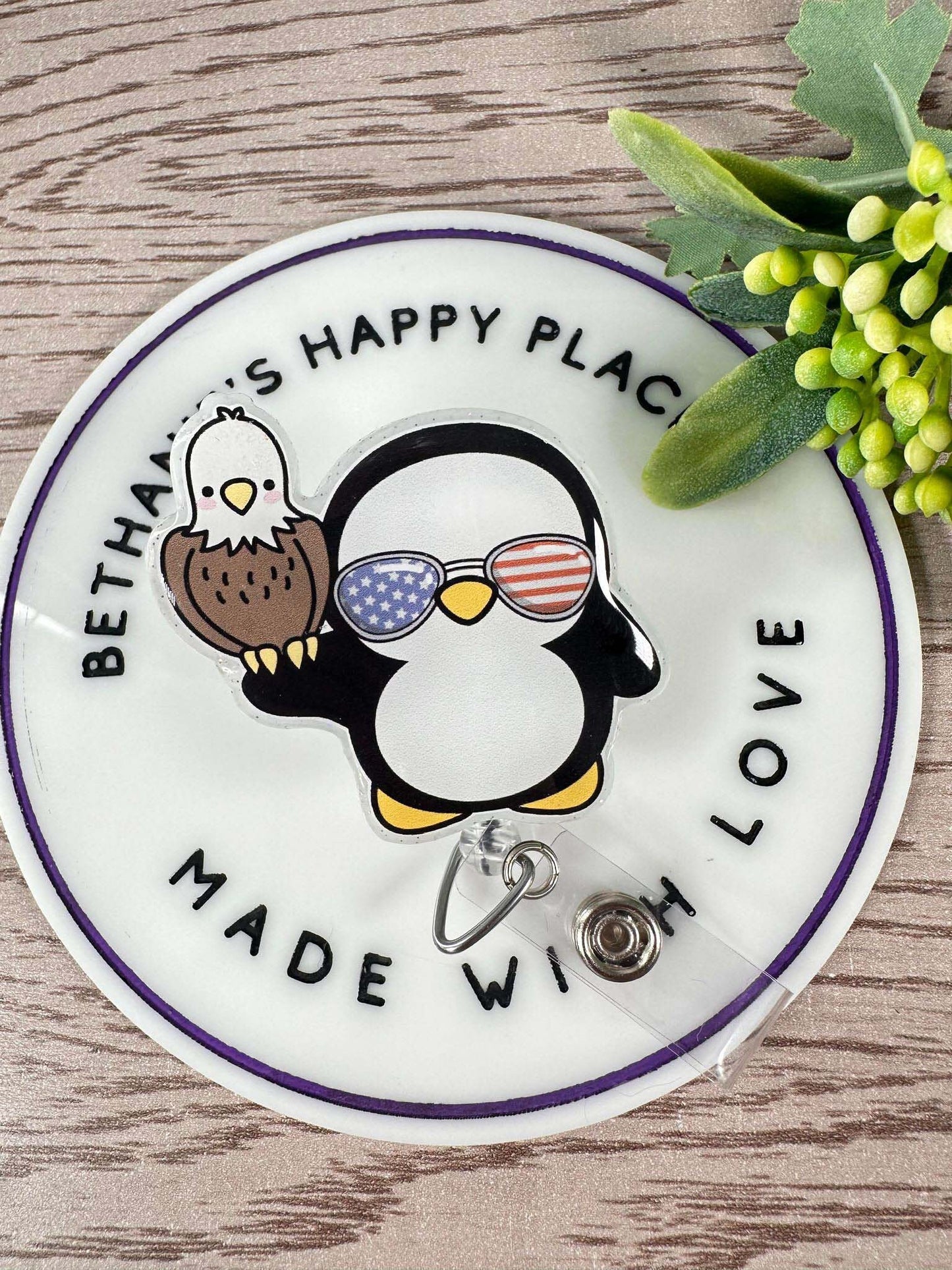 Patriotic penguin with eagle retractable badge reel
