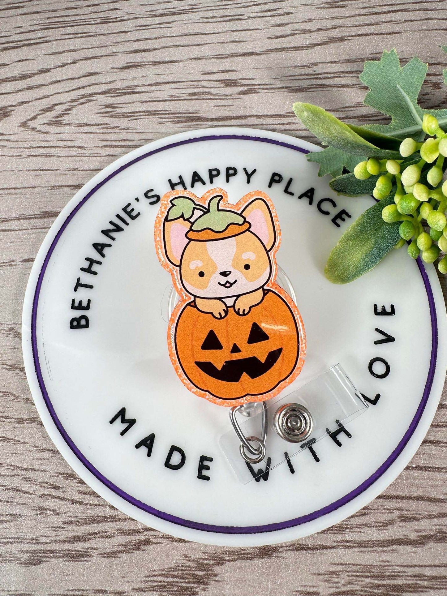 Halloween Corgi pumpkin retractable badge reel
