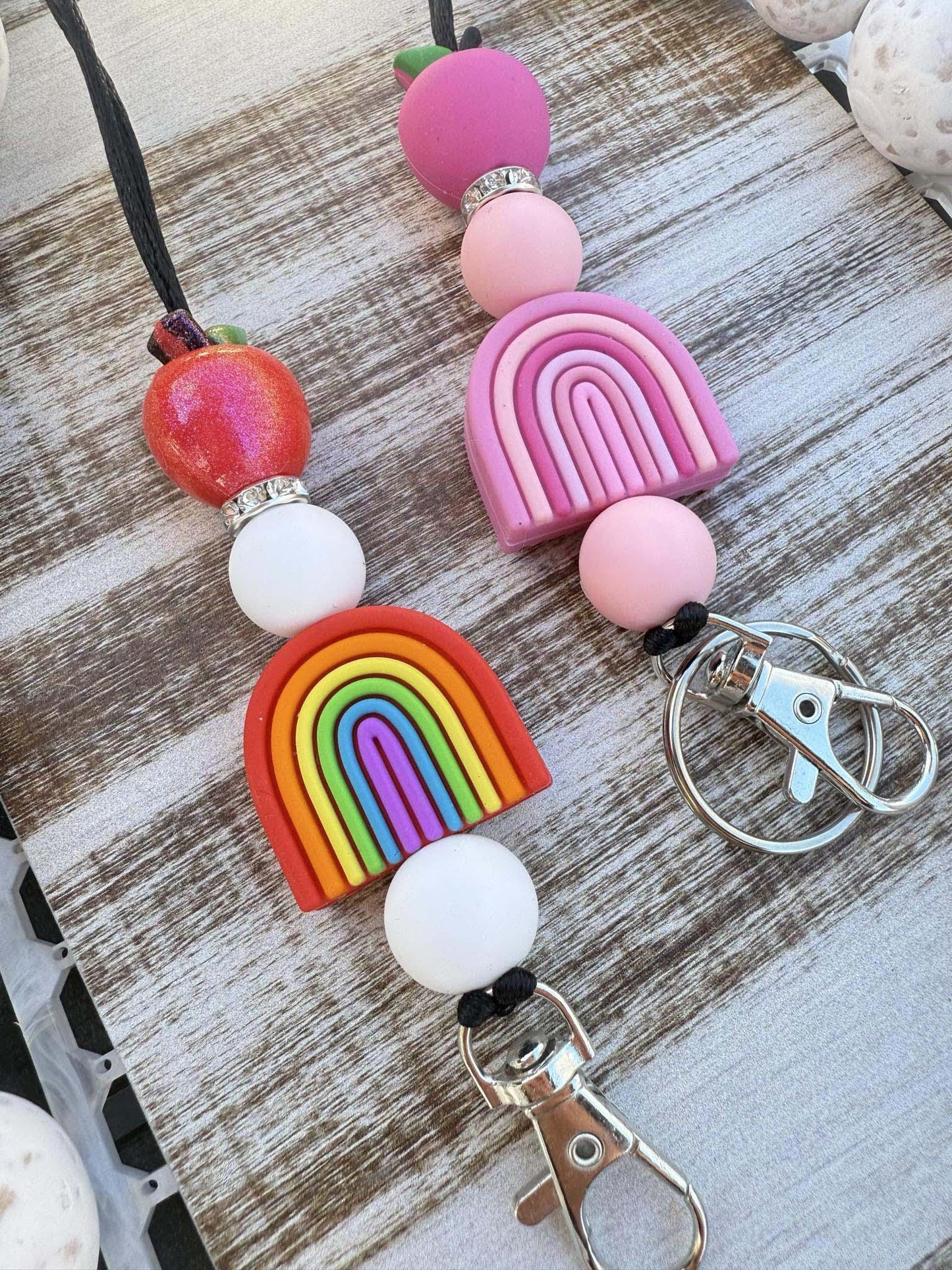 Rainbow apple teacher beaded lanyard