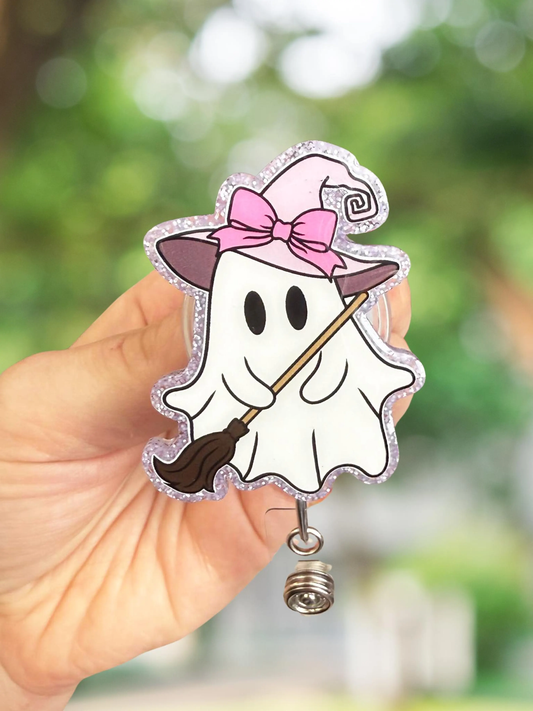 Ghost with Broom Retractable Badge Reel
