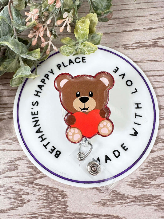 Valentine's Day teddy bear with heart retractable badge reel
