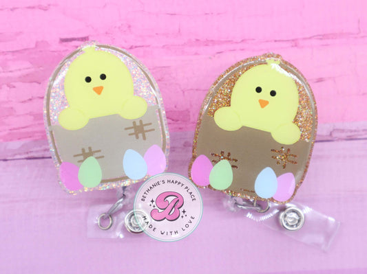Easter chick in basket badge reel