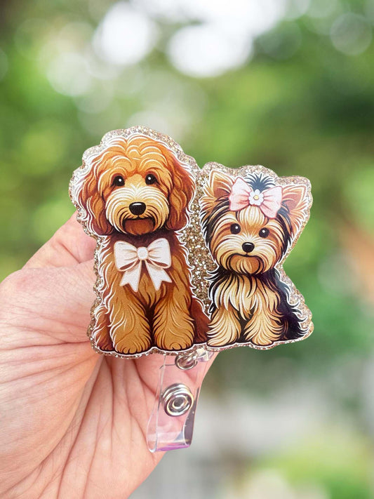 Goldendoodle and Yorkie retractable badge reel