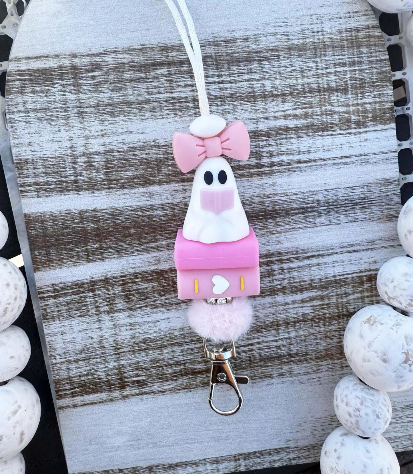 Pink ghost book beaded lanyard