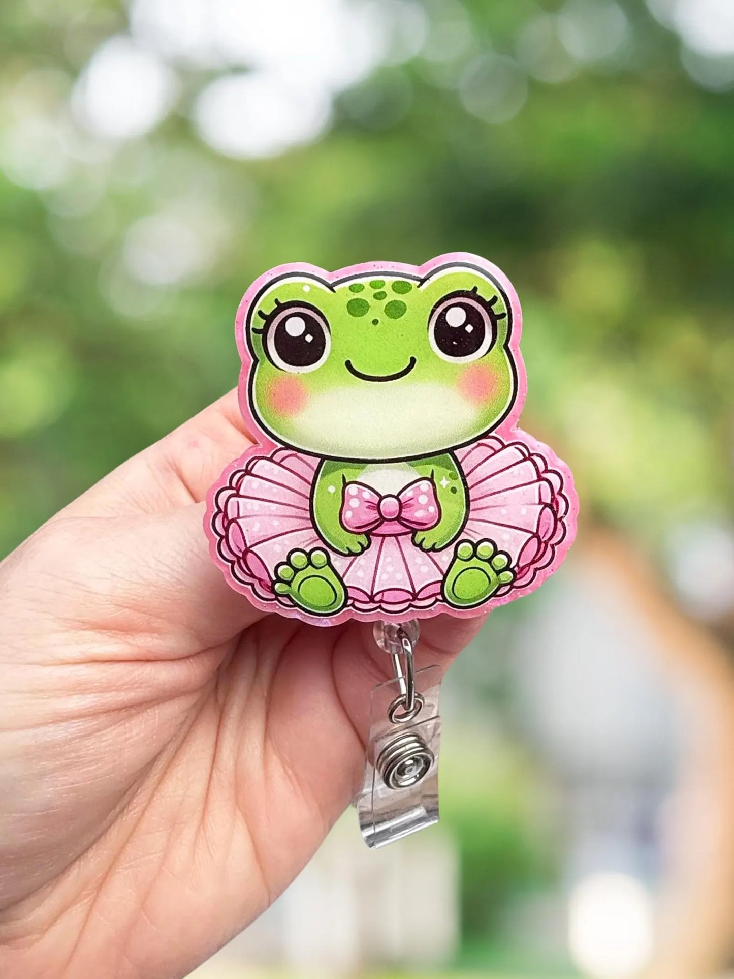 Pink tutu frog retractable badge reel