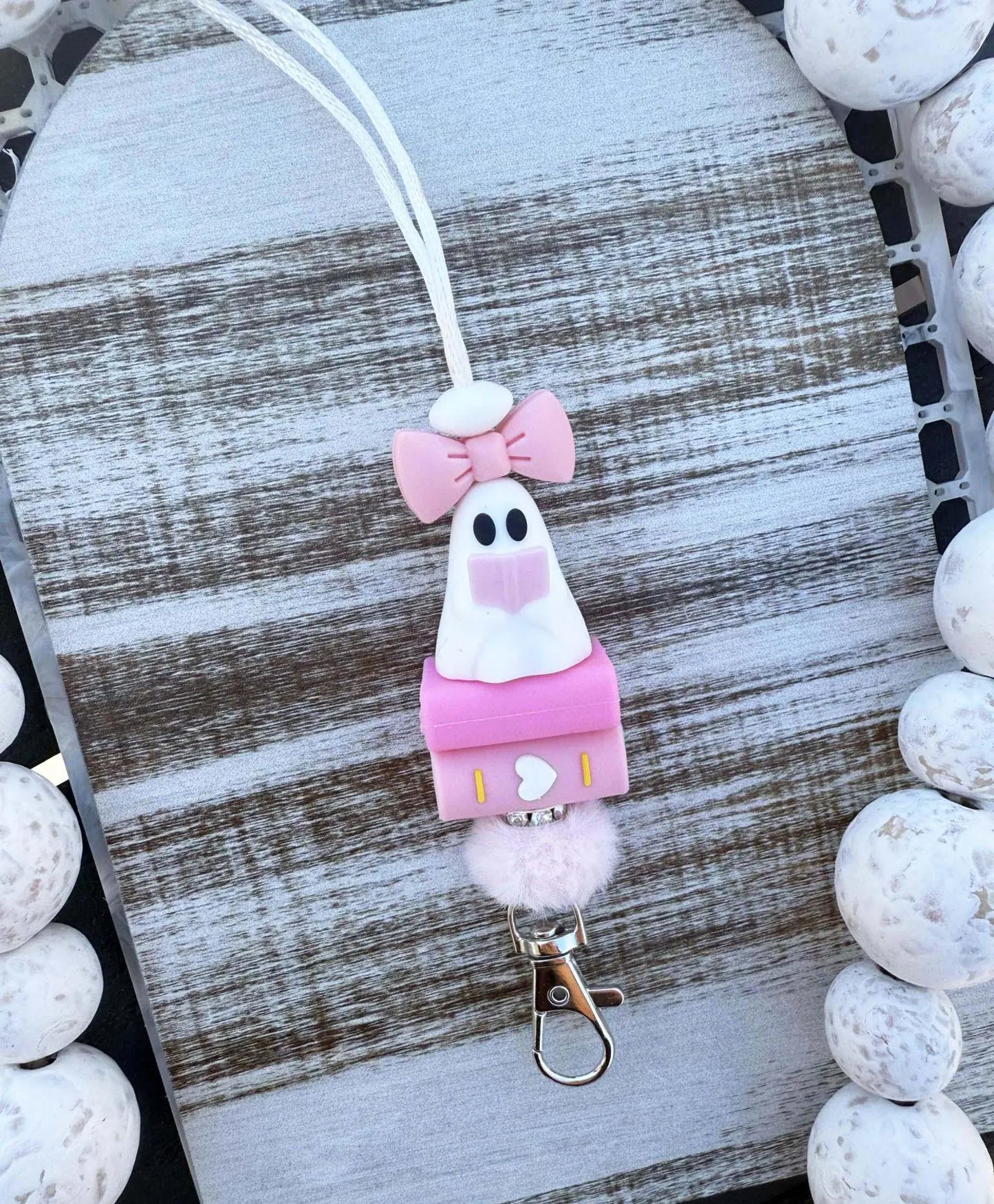Pink ghost book beaded lanyard