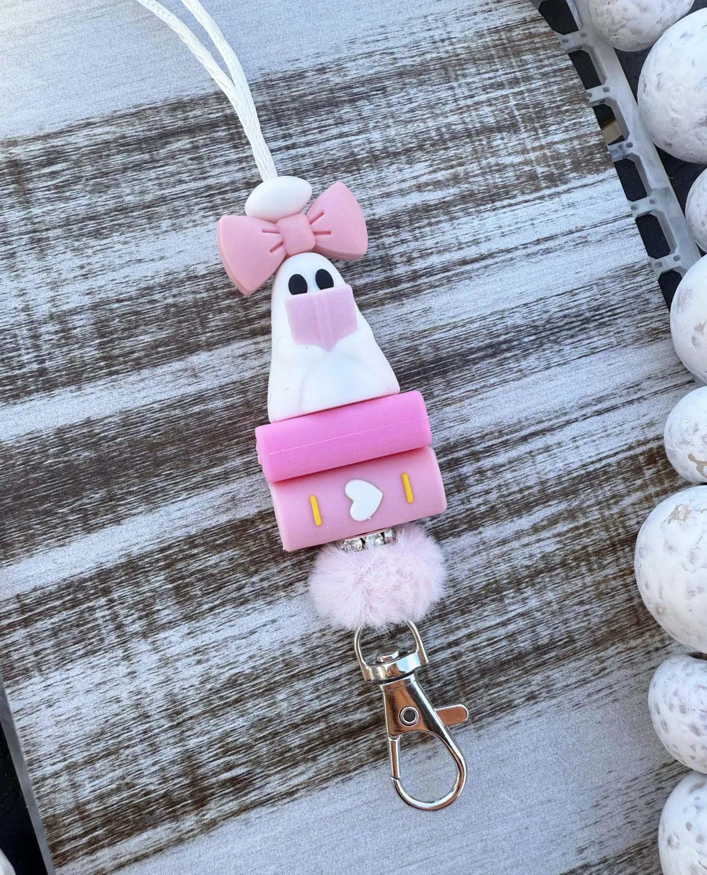 Pink ghost book beaded lanyard