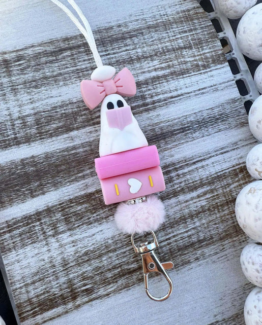 Pink ghost book beaded lanyard