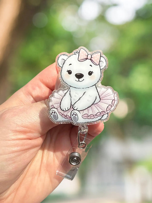 Polar bear in tutu retractable badge reel