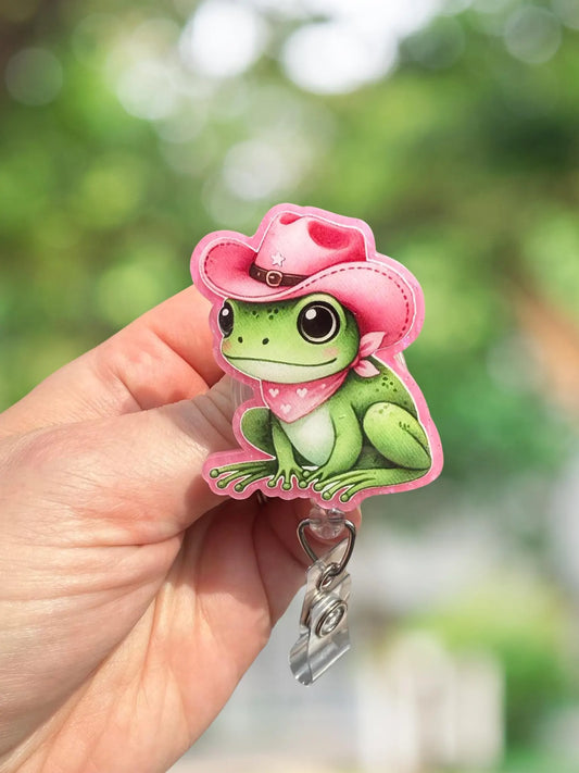 Pink cowboy frog retractable badge reel
