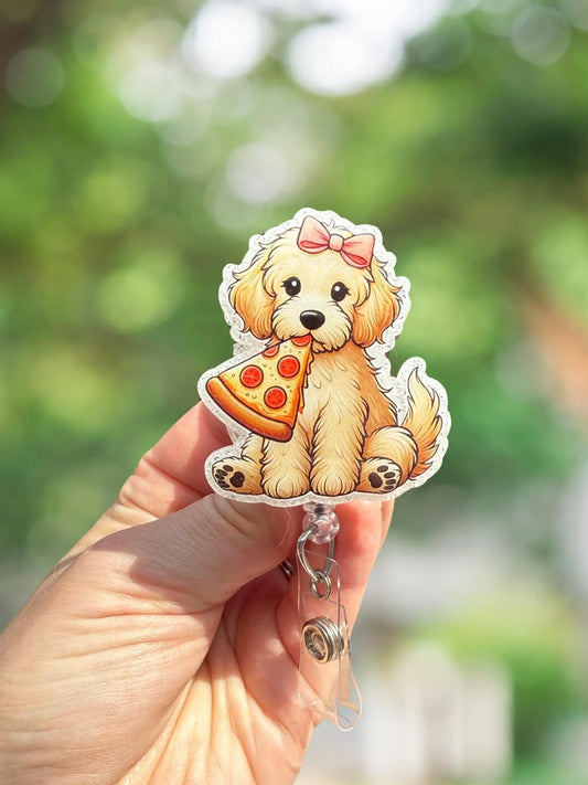 Goldendoodle pizza retractable badge reel