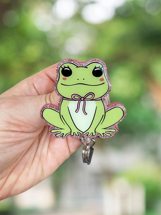 Cute frog with bow retractable badge reel