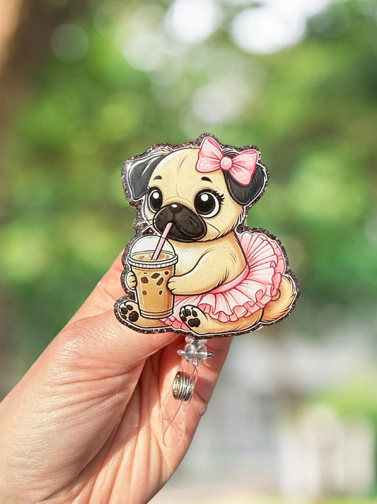 Iced coffee pug retractable badge reel