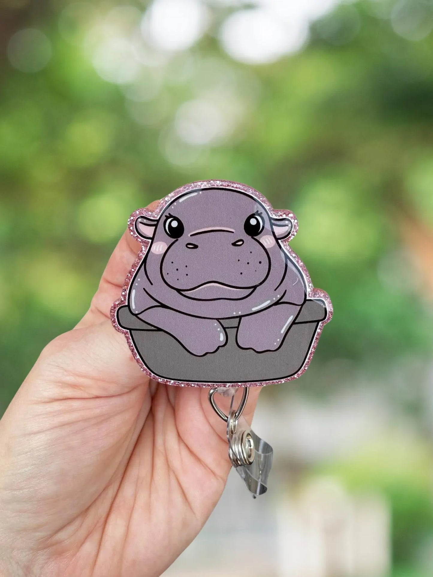 Cute hippo tub retractable badge reel