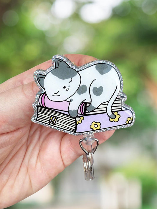 Sleepy book kitty retractable badge reel