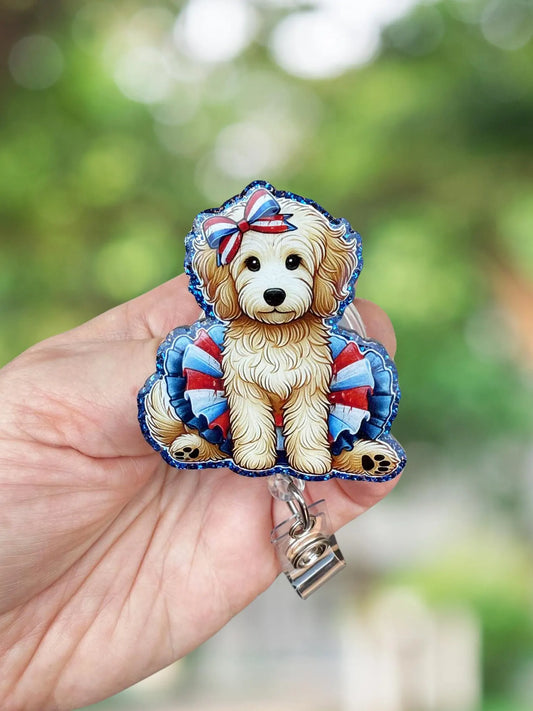 Patriotic Goldendoodle badge reel