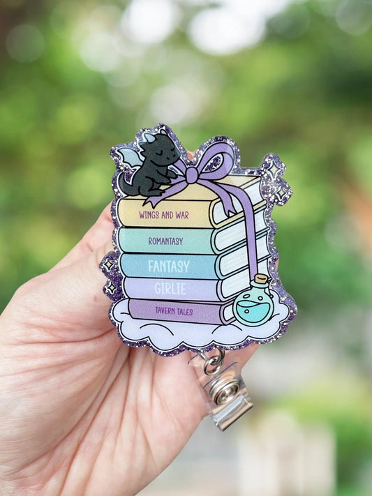 Stacked dragon books retractable badge reel