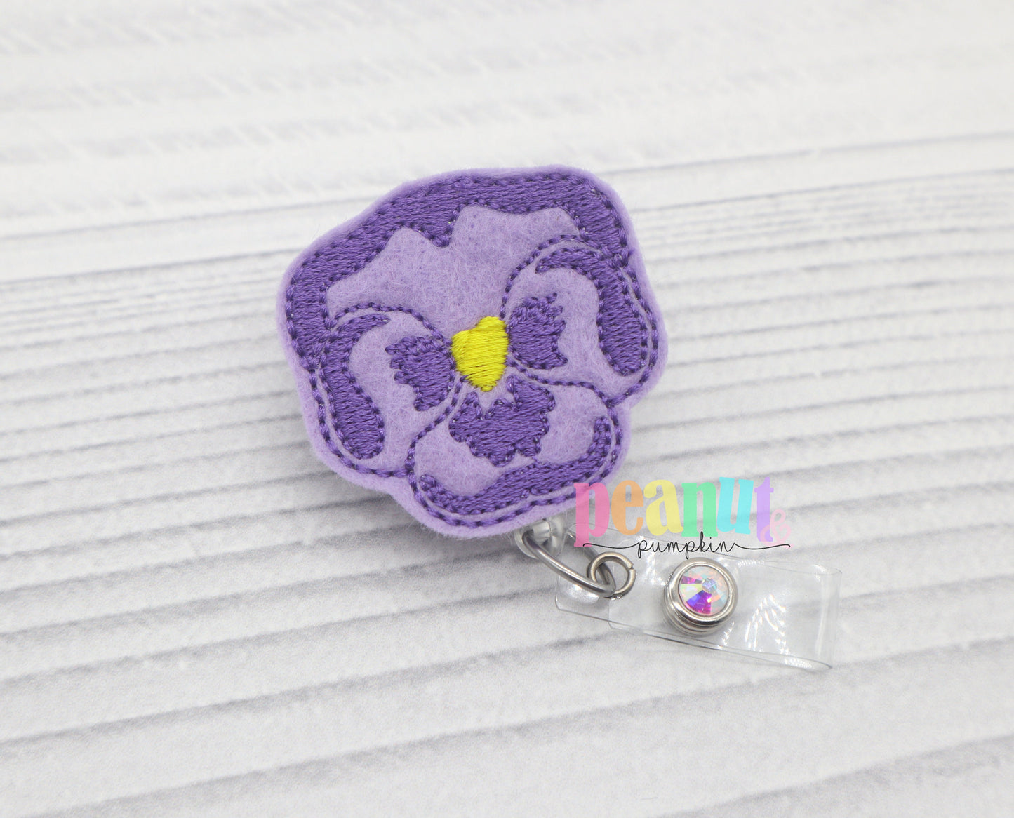 Flower badge reel, flower badge clip, flower gifts, pansy gifts, purple pansy, cute felt badge reel, gift for doctor, nurse badge reel