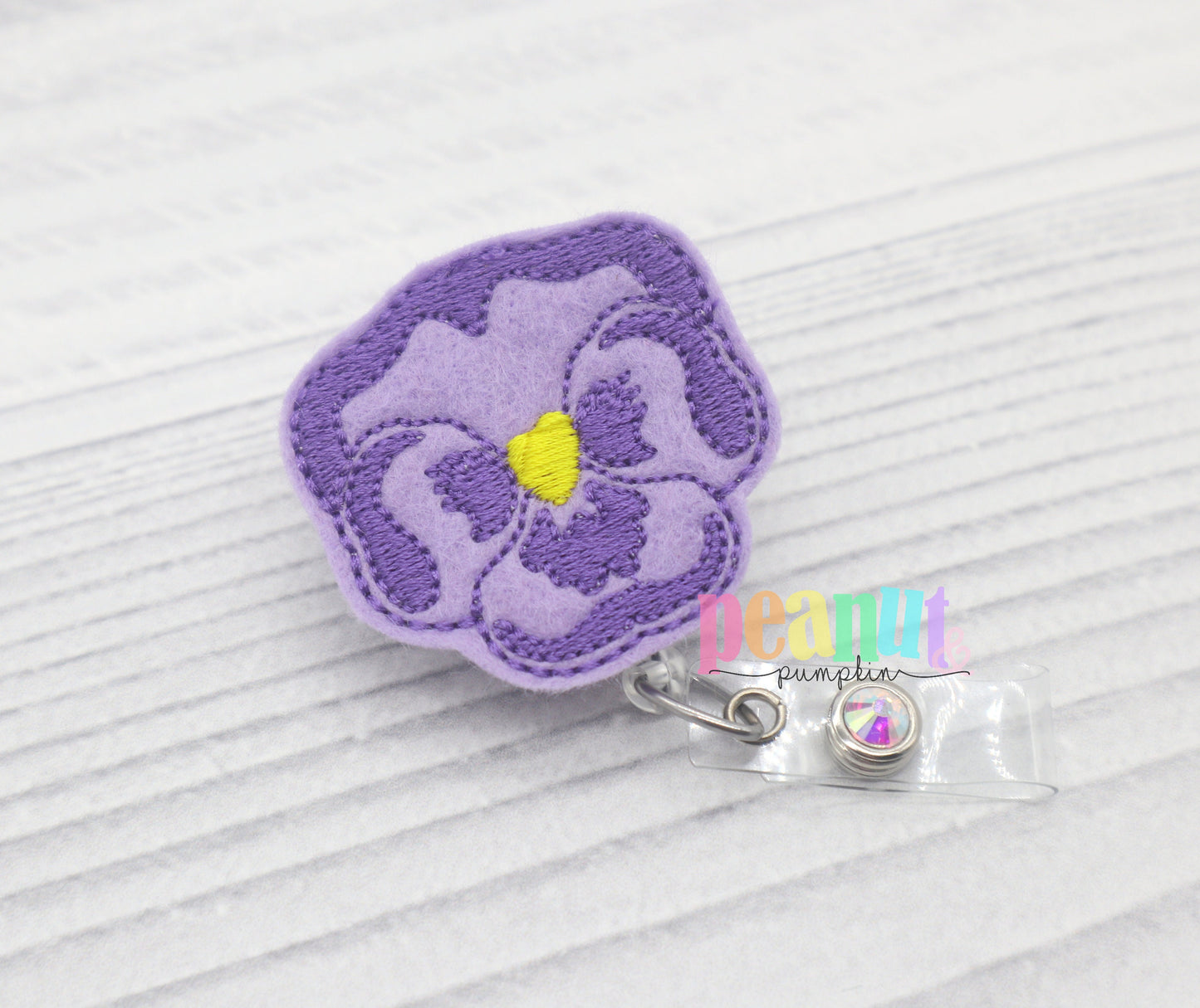 Flower badge reel, flower badge clip, flower gifts, pansy gifts, purple pansy, cute felt badge reel, gift for doctor, nurse badge reel