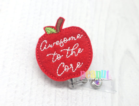 Teacher badge clip, teacher badge reel, apple badge reel, awesome to the core, teacher appreciation gift, teacher gifts, retractable badge