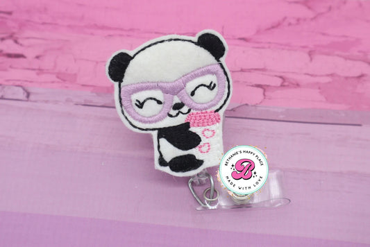 Panda with glasses - badge reel - panda with coffee - panda badge clip - panda badge holder - cute badge reel - nurse badge holder