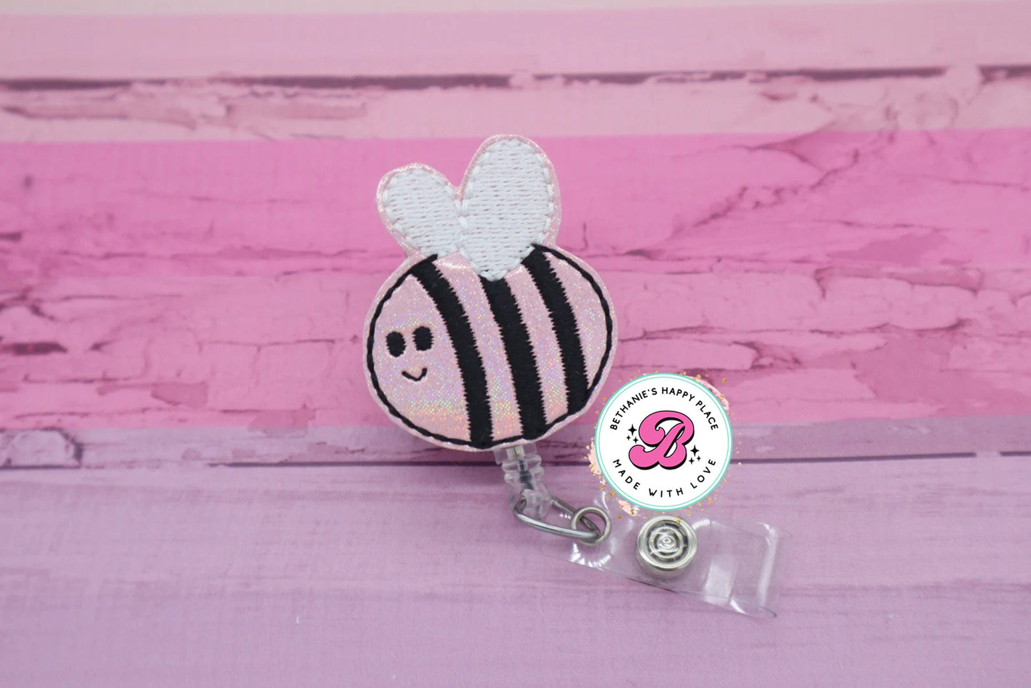 Pink bee badge reel - bumblebee badge reel - bee badge holder - bumblebee badge clip - badge reel teacher - badge reel nurse - retractable