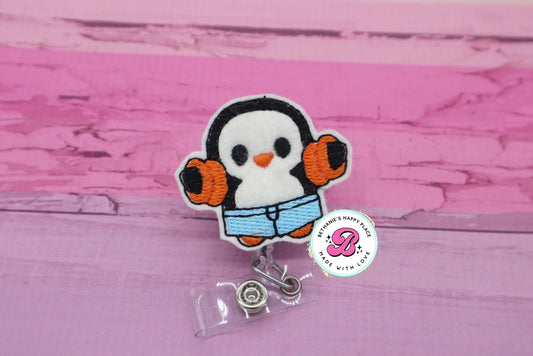 Summer penguin badge reel - summer badge reel - penguin badge holder - penguin badge clip - swimming penguin - cute badge reel