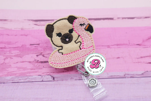 Flamingo pug badge reel - pug in flamingo float - summer badge reel - summer pug - pug badge holder - cute badge reel - badge reel nurse