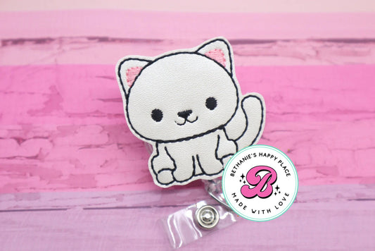 White cat badge reel - cat badge clip - cute badge reel - cat badge holder - badge pull - medical ID badge - retractable - cat gifts - nurse