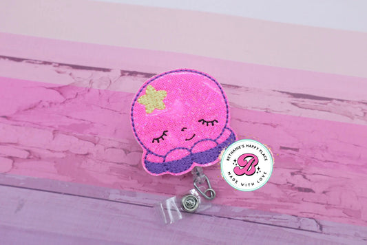 Pink octopus badge reel - octopus - neon pink - cute badge reel - felt badge reel - badge clip - badge topper - nurse badge reel