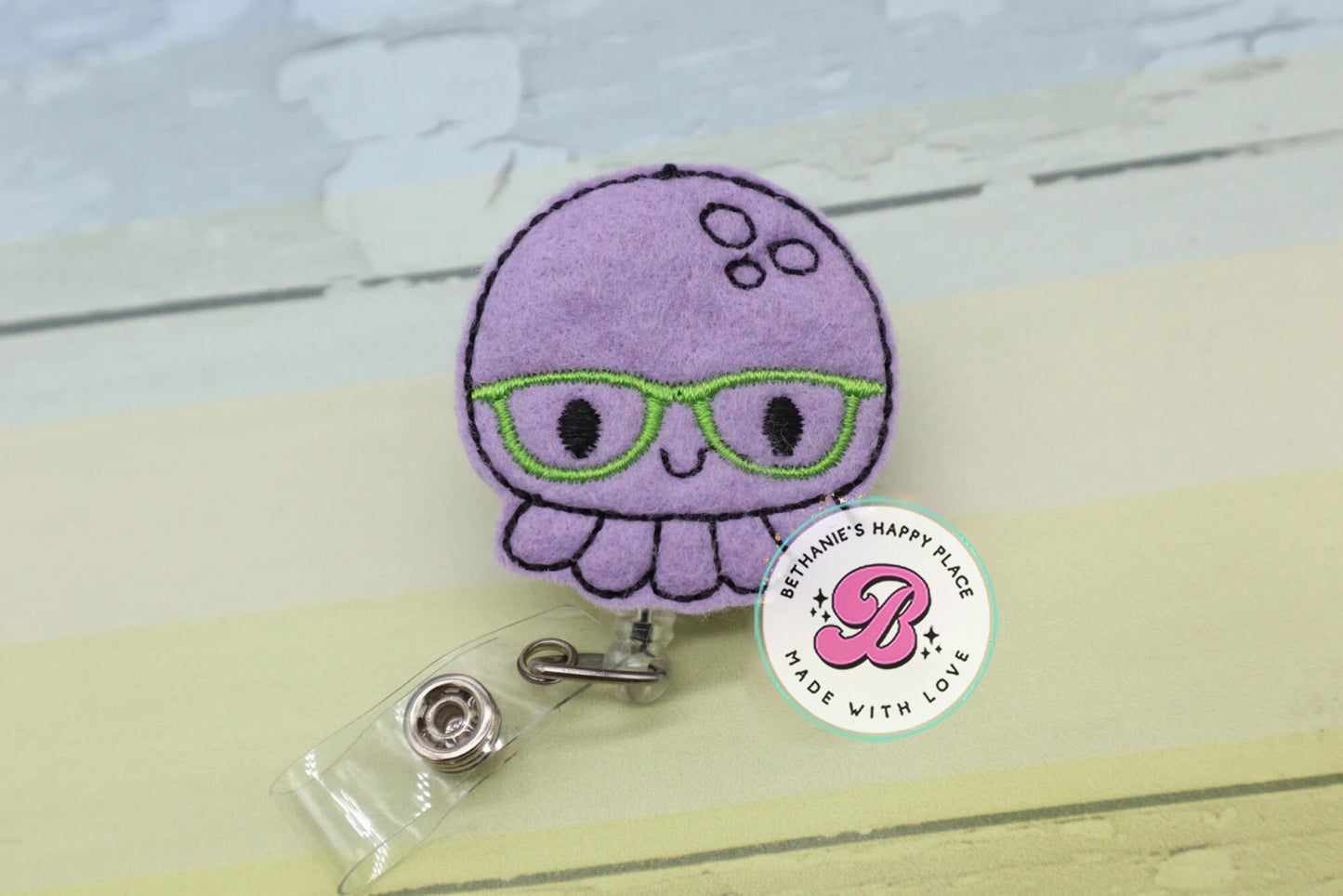 Octopus with glasses badge reel - octopus badge holder - nerdy octopus - cute badge reel - felt badge reel - teacher lanyard - nurse ID reel